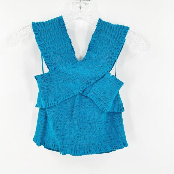 Urban Outfitters Blue Smocked V-Back Cross Neck Cropped Top Women's Size Large - Picture 3 of 9